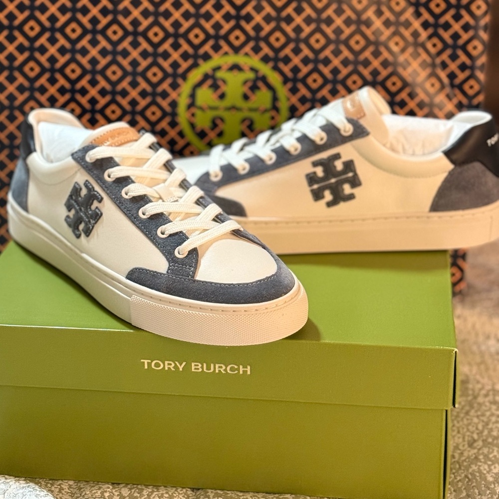 Tory Burch White and Blue Leather Sneakers - Picture 2 of 8